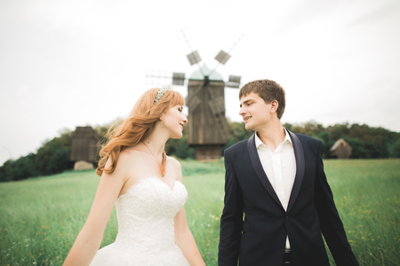 Happy wedding couple walking in a botanical parkの写真素材