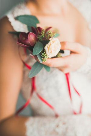 Gorgeous bride in robe posing and preparing for the wedding ceremony face in a roomの写真素材