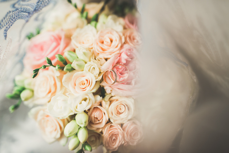 Beautiful wedding bouquet with different flowers, rosesの写真素材