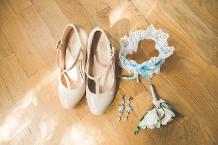 White stylish wedding shoes for bride. Close-upの写真素材