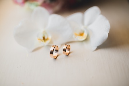 Two golden wedding rings isolated background conceptの写真素材