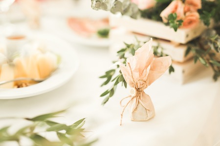 Interior of a restaurant prepared for wedding ceremonyの写真素材