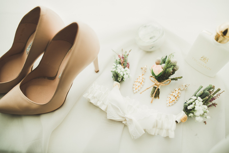 White stylish wedding shoes for bride. Close-upの写真素材