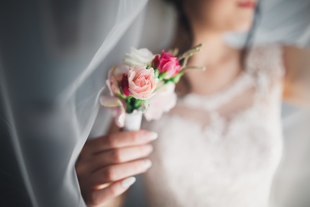 Gorgeous bride in robe posing and preparing for the wedding ceremony face in a room