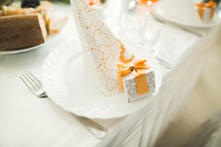 Interior of a restaurant prepared for wedding ceremonyの写真素材