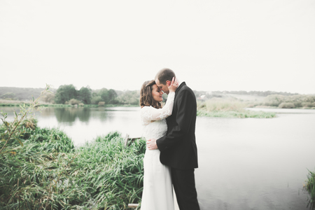 Romantic, fairytale, happy newlywed couple hugging and kissing in a park, trees in backgroundの写真素材