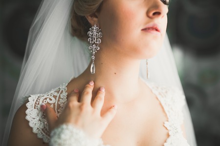 Portrait of beautiful bride with fashion veil at wedding morningの写真素材