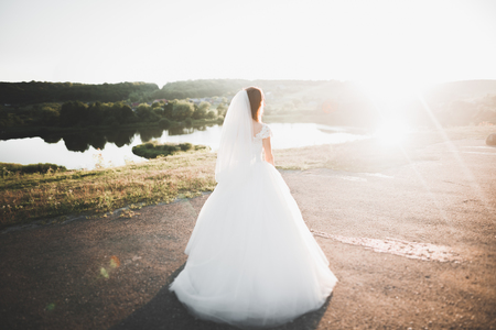 Beautiful bride posing in wedding dress outdoorsの写真素材