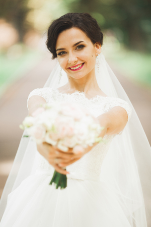 Beautiful luxury bride in elegant white dressの写真素材