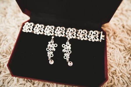 Luxury wedding jewelry for bride. Preparing in the morningの写真素材