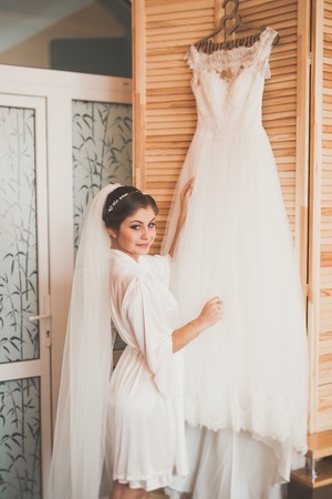 Luxury bride in white dress posing while preparing for the wedding ceremonyの写真素材
