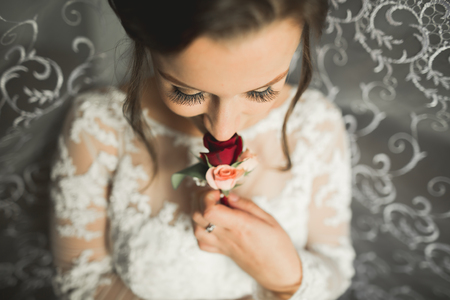 Beautiful bride wearing fashion wedding dress with feathers with luxury delight make-up and hairstyle, studio indoor photo shootの写真素材