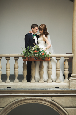 Luxury married wedding couple, bride and groom posing in old cityの写真素材