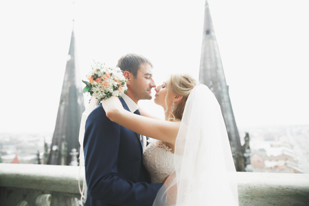 Perfect couple bride, groom posing and kissing in their wedding dayの写真素材