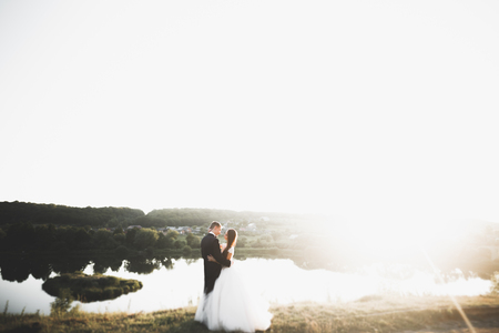 Newly married couple running and jumping in park while holding handsの写真素材