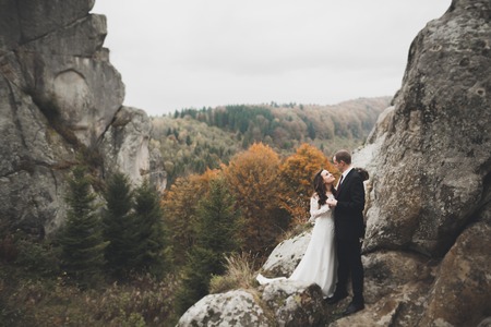 Wedding couple in love kissing and hugging near rocks on beautiful landscapeの写真素材