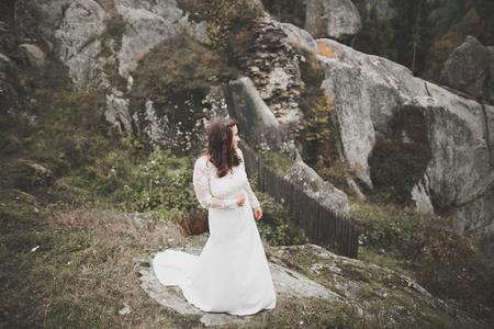 Beauty woman, bride with perfect white dress background mountainsの写真素材