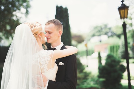 Stylish couple of happy newlyweds walking in the park on their wedding day with bouquetの写真素材