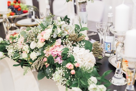 Interior of a restaurant prepared for wedding ceremony.の写真素材