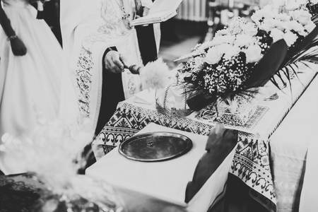 Two golden wedding rings isolated background conceptの写真素材