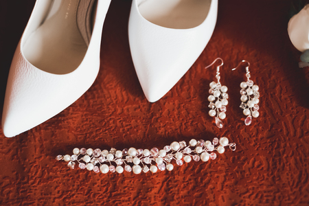 White stylish wedding shoes for bride. Close-upの写真素材