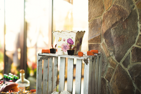 Delicious and tasty dessert table with cupcakes shots at reception closeupの写真素材