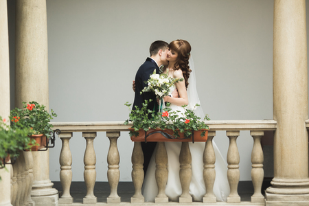 Luxury married wedding couple, bride and groom posing in old cityの写真素材