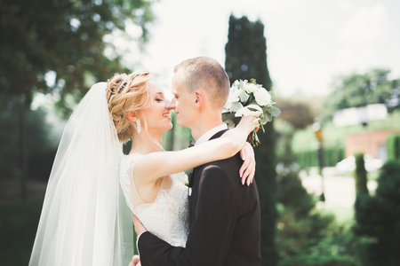 Stylish couple of happy newlyweds walking in the park on their wedding day with bouquetの写真素材