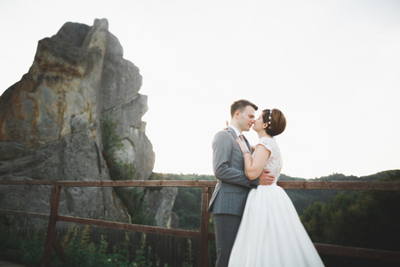 Gorgeous bride and stylish groom walking at sunny landscape, wedding couple, luxury ceremony mountains with amazing view, space for textの写真素材