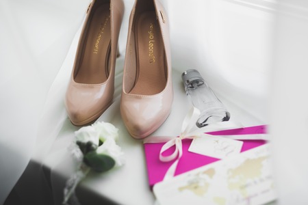 Beautiful stylish wedding shoes for bride. Close-upの写真素材