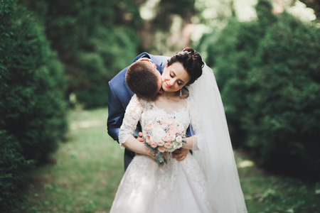 Happy wedding couple walking in a botanical parkの写真素材