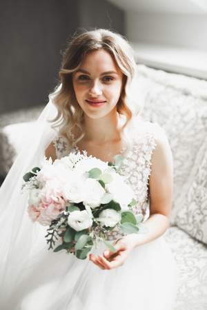 Beautiful luxury bride in elegant white dressの写真素材