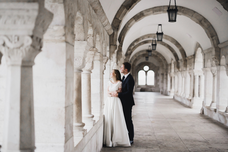Romantic wedding moment, couple of newlyweds smiling portrait, bride and groom huggingの写真素材
