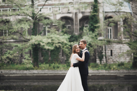 Sensual portrait of a young wedding couple. Outdoorの写真素材