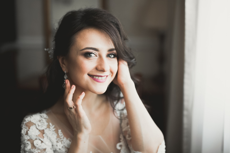 Portrait of a beautiful fashion bride, sweet and sensual. Wedding make up and hairの写真素材