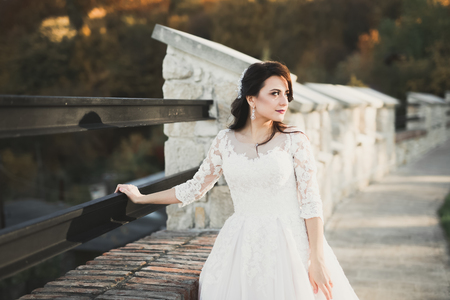 Beautiful bride posing in wedding dress outdoorsの写真素材