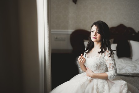 Portrait of a beautiful fashion bride, sweet and sensual. Wedding make up and hairの写真素材