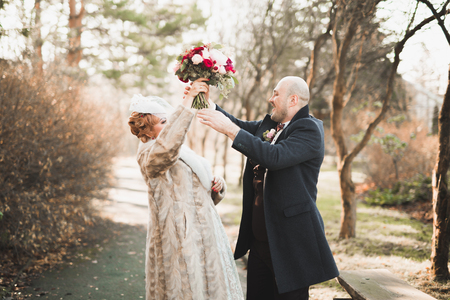 Newly married couple running and jumping in park while holding handsの写真素材