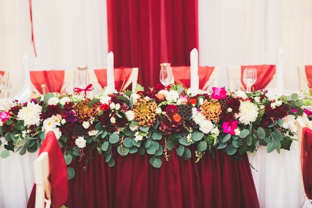 Interior of a restaurant prepared for wedding ceremonyの写真素材