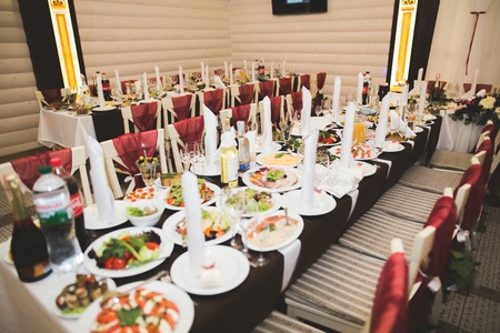 Interior of a restaurant prepared for wedding ceremonyの写真素材