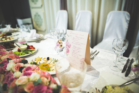Interior of a restaurant prepared for wedding ceremonyの写真素材