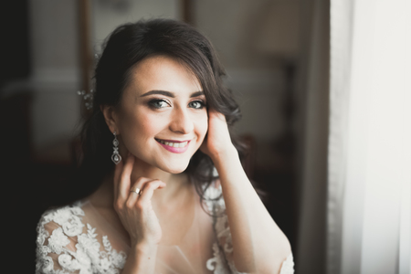 Beautiful bride wearing fashion wedding dress with feathers with luxury delight make-up and hairstyle, studio indoor photo shootの写真素材