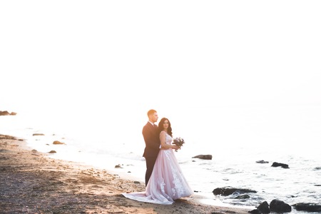 Happy wedding couple staying over beautiful landscapeの写真素材