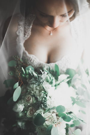 Gorgeous bride in robe posing and preparing for the wedding ceremony face in a roomの写真素材