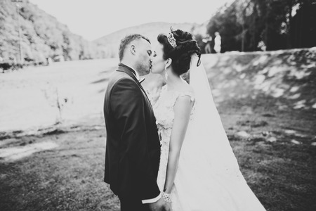 Stylish couple of happy newlyweds walking in the park on their wedding day with bouquetの写真素材