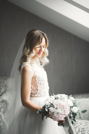 Luxury bride in white dress posing while preparing for the wedding ceremonyの写真素材