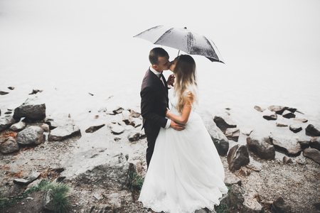 Kissing wedding couple in spring nature close-up portraitの写真素材