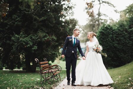 Romantic, fairytale, happy newlywed couple hugging and kissing in a park, trees in backgroundの写真素材