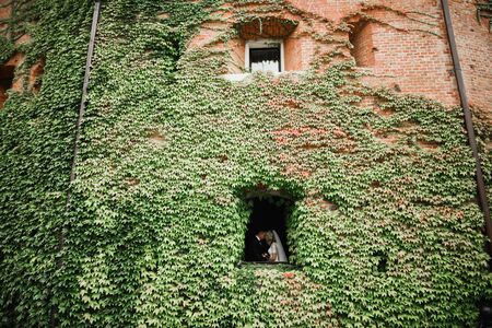 Beautiful romantic wedding couple of newlyweds hugging near old castle.の写真素材