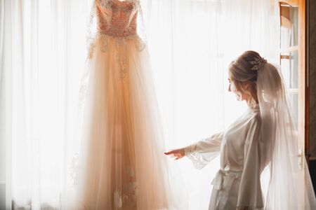 Beautiful bride wearing fashion wedding dress with feathers with luxury delight make-up and hairstyle, studio indoor photo shootの写真素材